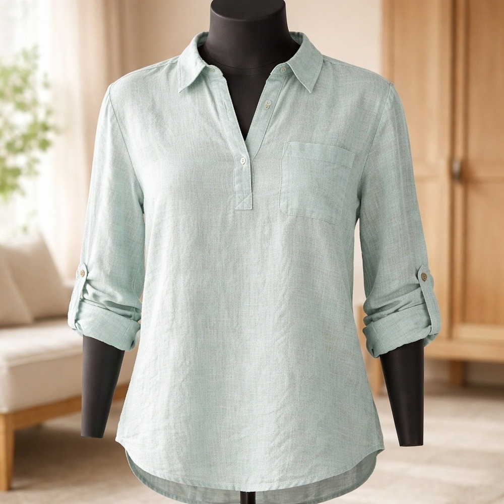 J. Jill Women Pale Blue Cotton Pastel Roll Tab Sleeve Tunic Top